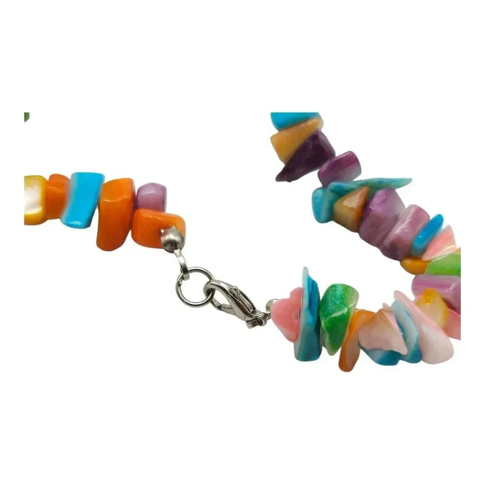 Multicolor Abalone Shell Chips Necklace Silver Tone Lobster Closure Vintage